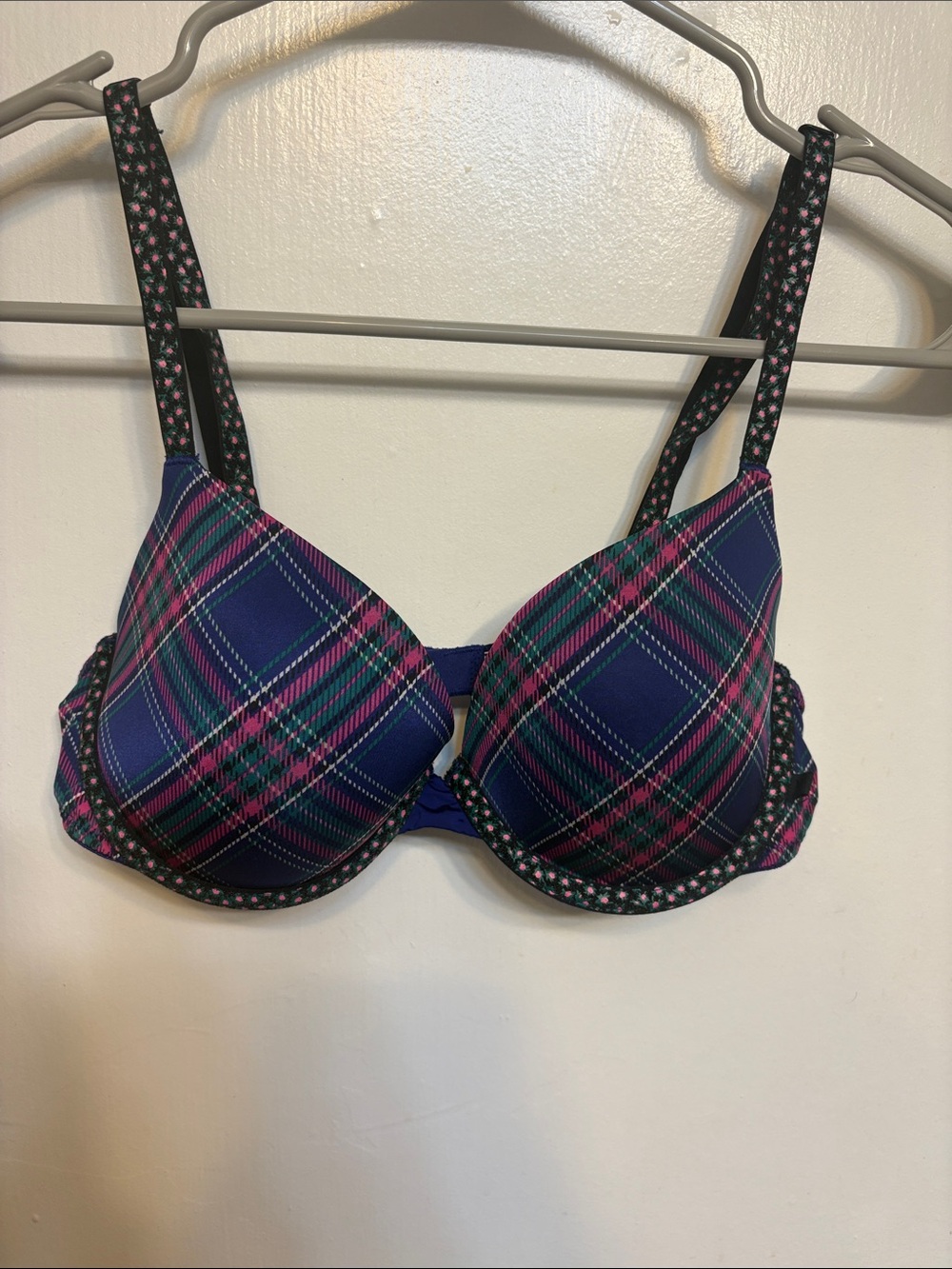 Victoria's Secret Navy Plaid Push-Up Bra with Pink Accents